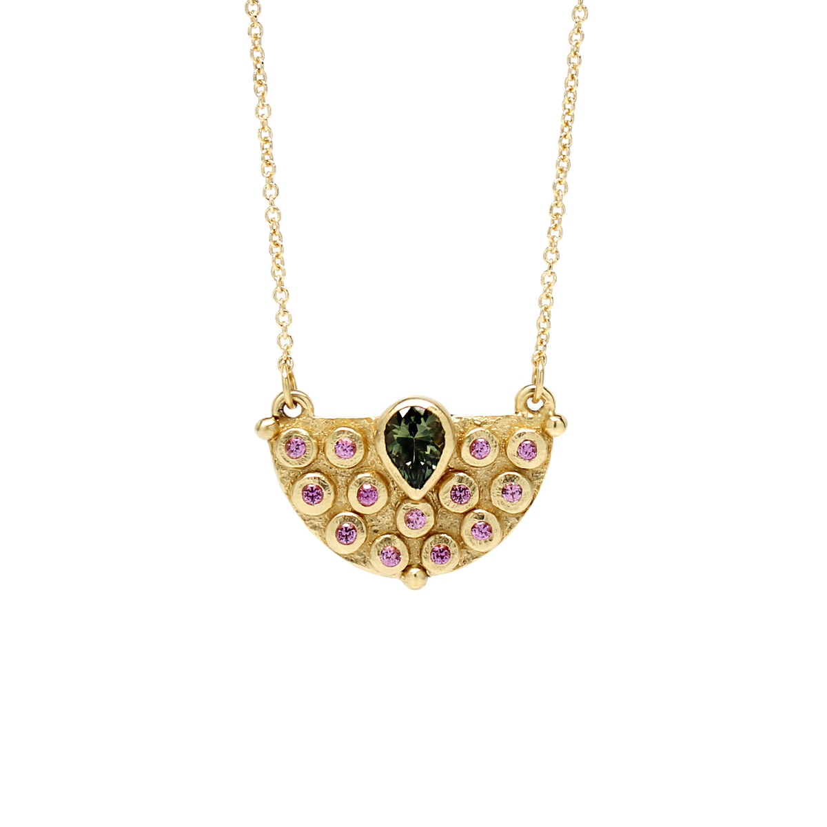 One-of-a-Kind Green &amp; Pink Sapphire Semi Circle Necklace