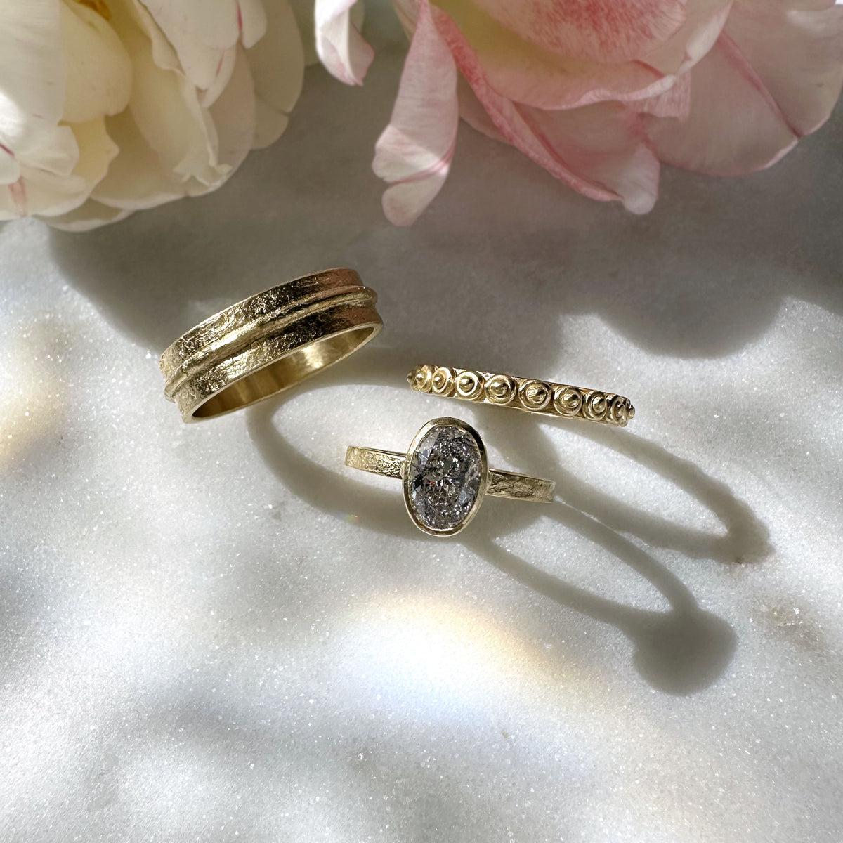 Elevated Dot Ring with One-of-a-Kind Oval Shaped Salt &amp; Pepper Diamond