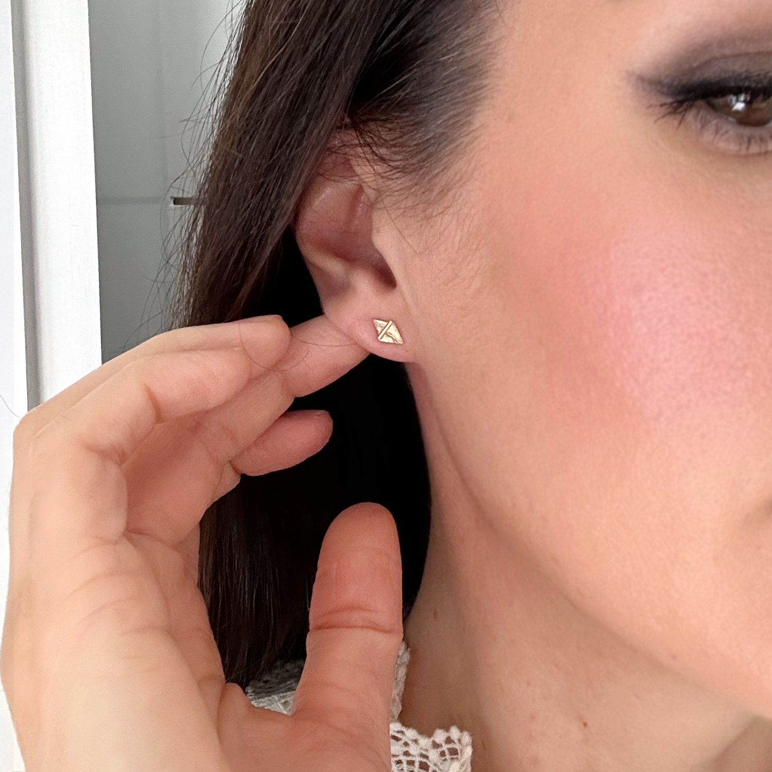 One of a Kind Dotted Ridged Double Triangle Studs Amanda