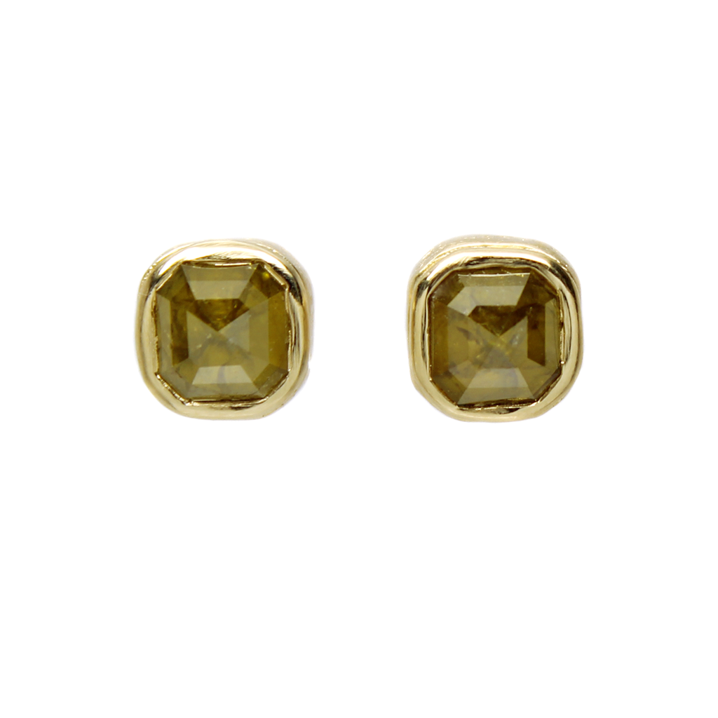 One-of-a-Kind Golden Emerald Shaped Diamond Studs