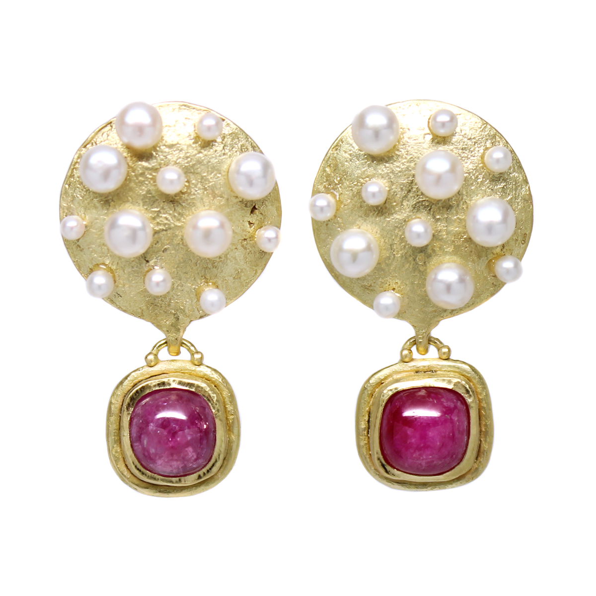 One-of-a-Kind Multi Pearl Cluster Disc & Ruby Dangles