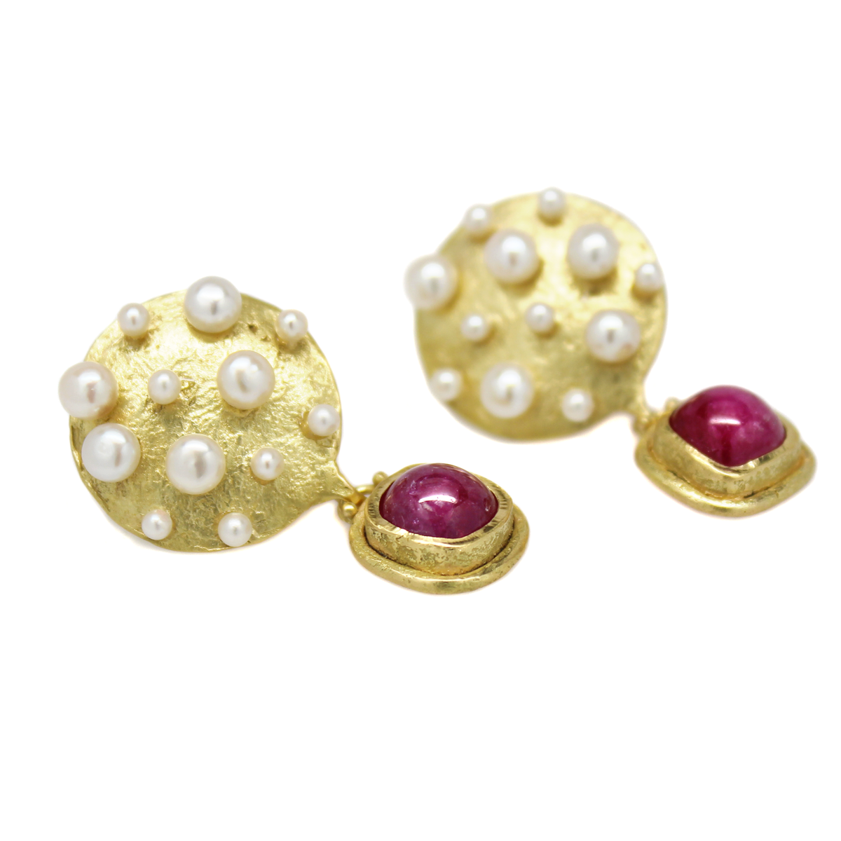 One-of-a-Kind Multi Pearl Cluster Disc & Ruby Dangles