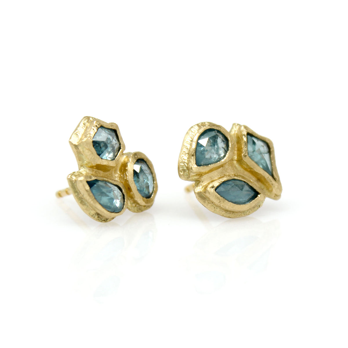 One-of-a-Kind Asymmetrical Blue Diamond Mix Cluster Studs - Solid 18K